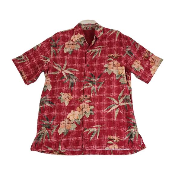 Tommy Bahama Shirt Mens Medium Red Silk Hawaiian Aloha Floral Tropical Camp - Picture 1 of 13